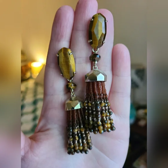 Kendra Scott Tiger's Eye Dove Beaded Tassel Earrings in Gold - Picture 1 of 3